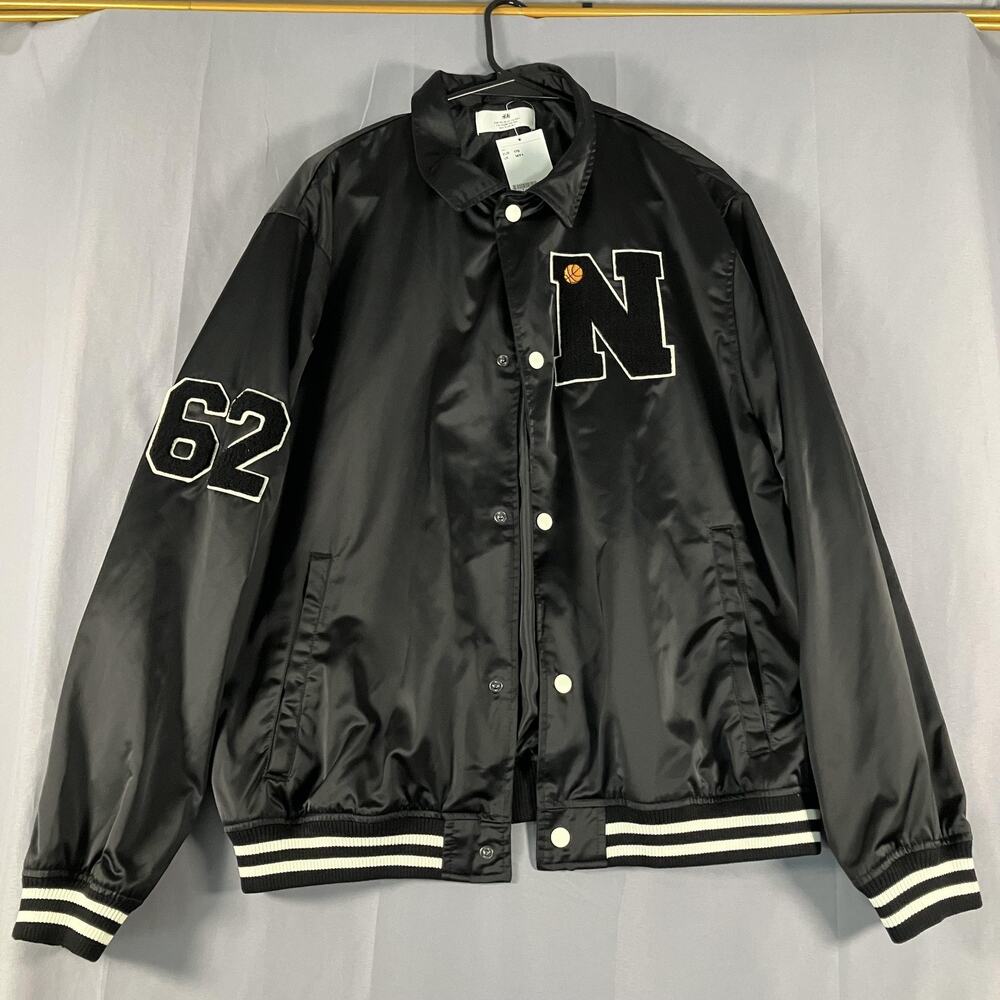 H&M Jacket Womens Size 20 Plus Black Satin‎ Varsity Bomber Snap Front N 62 Patch